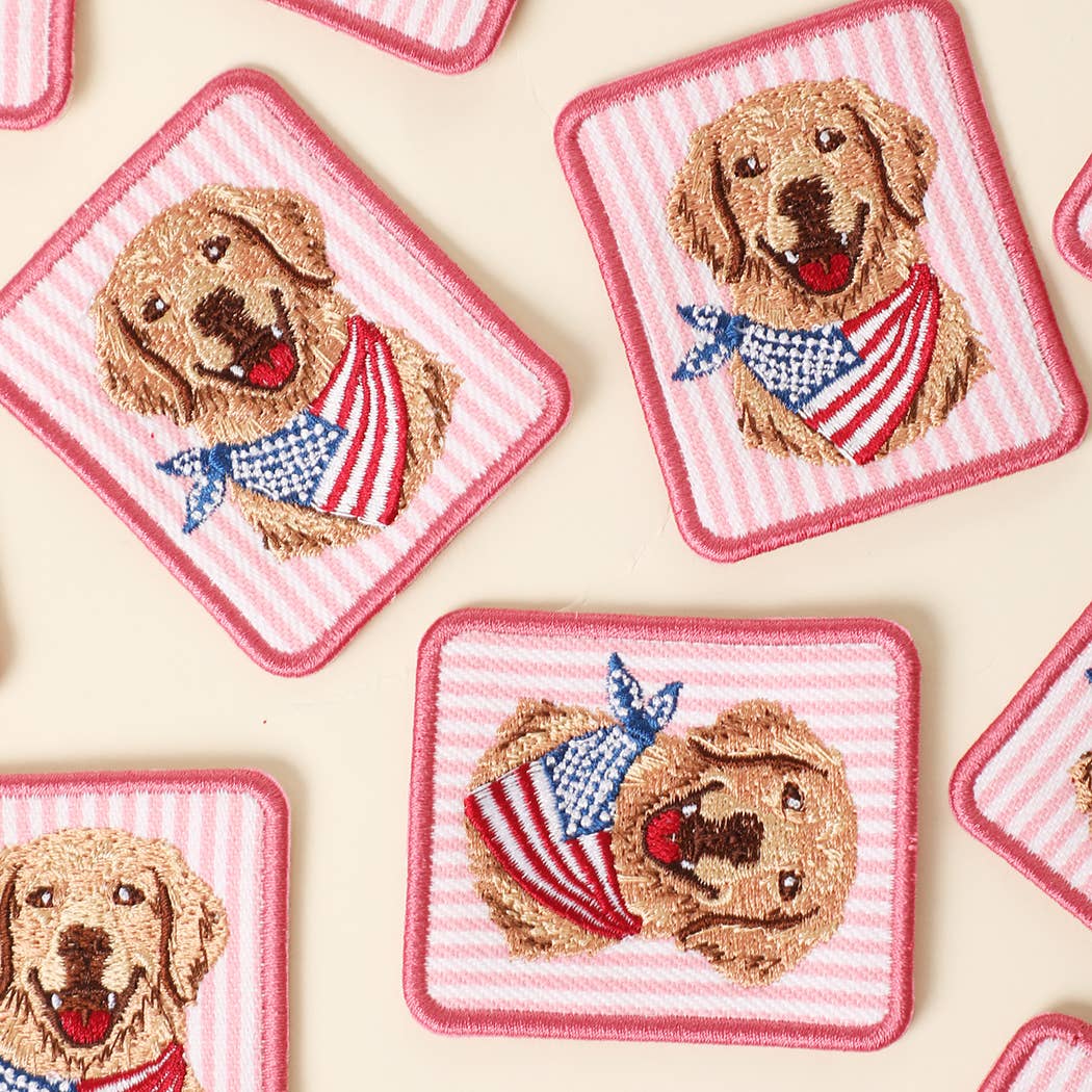 Golden Retriever Flag Embroidered Pink Seersucker Patch