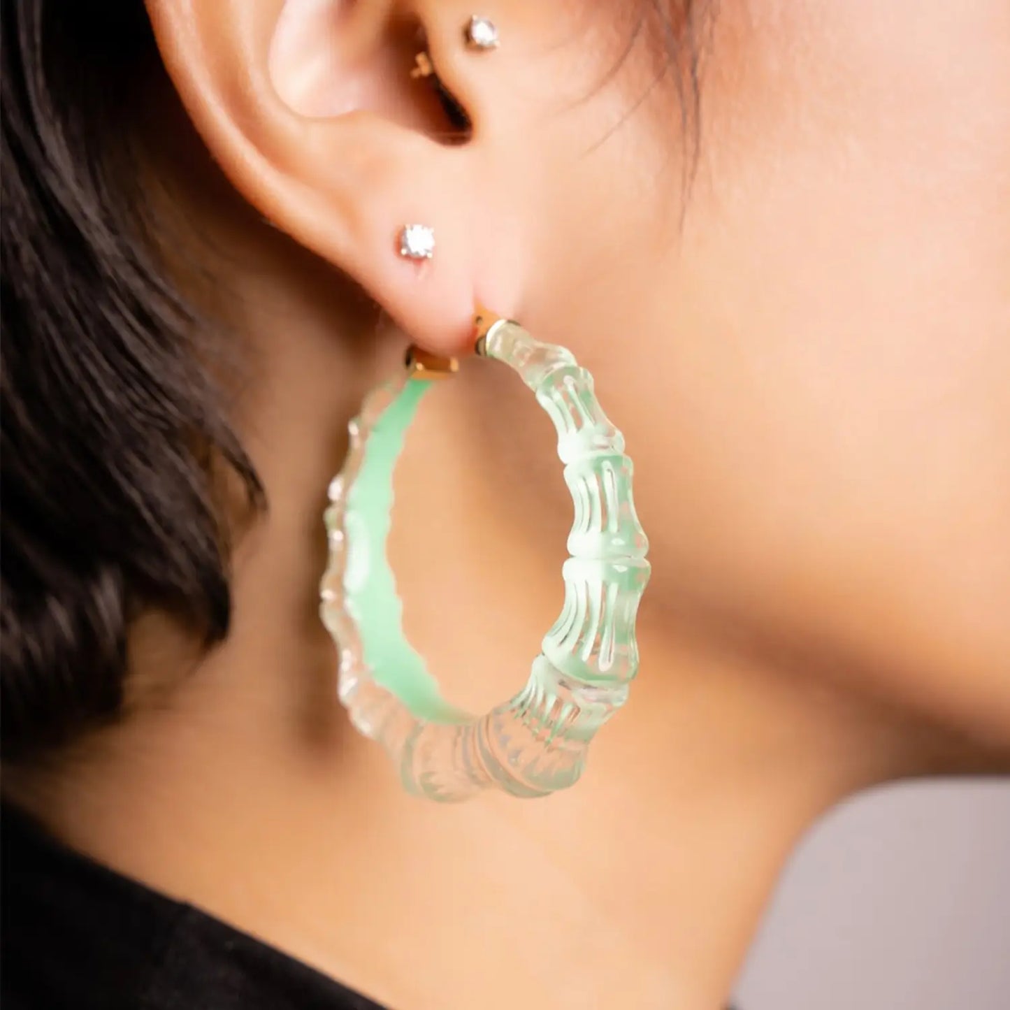 2" Illusion Bamboo Hoop Earrings in Mint Green