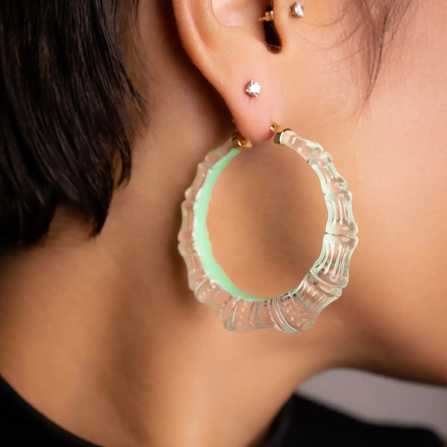 2" Illusion Bamboo Hoop Earrings in Mint Green