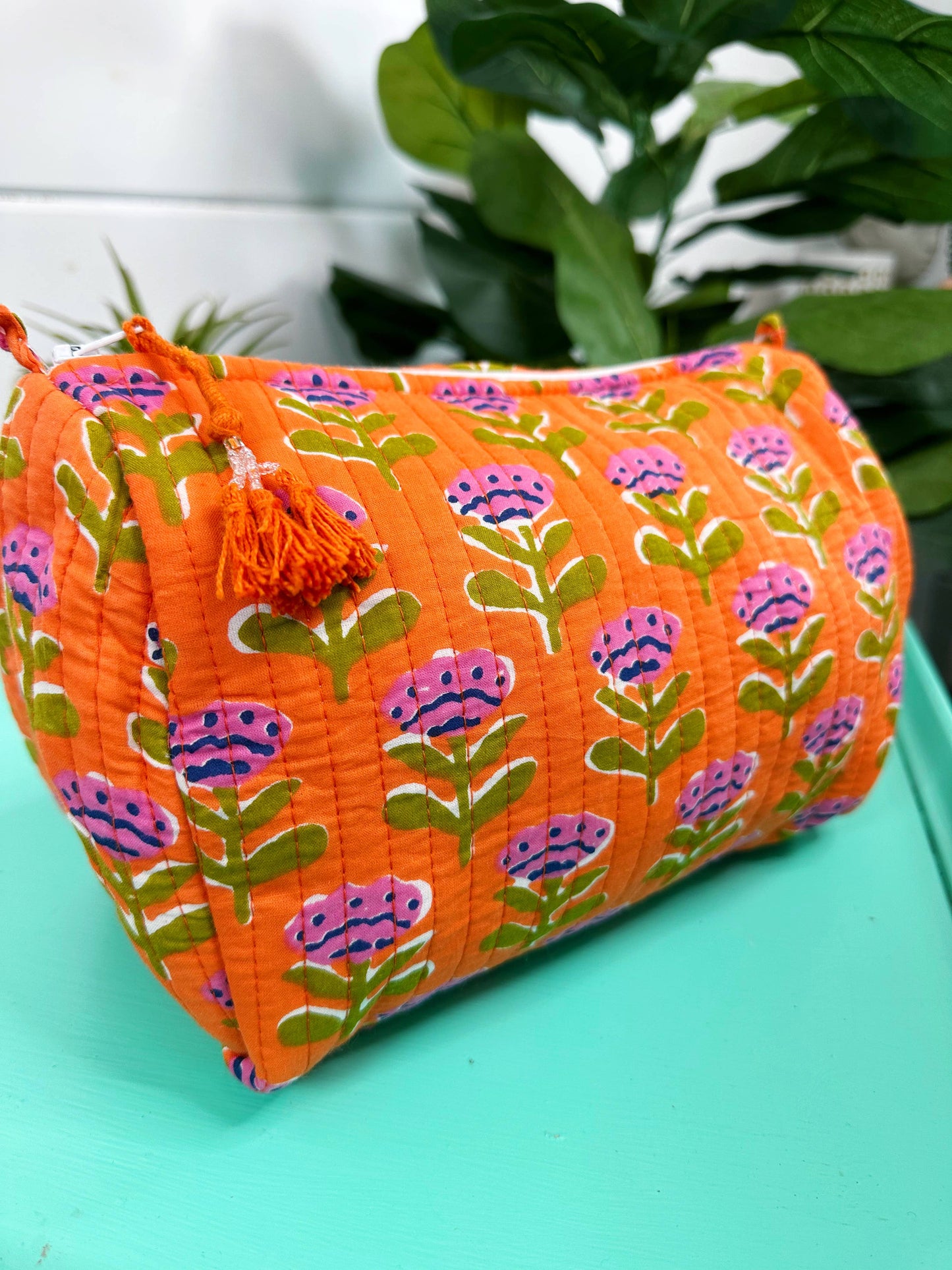 Quilted Makeup Bags | Cosmetic Toiletry Bag | Orange Floral