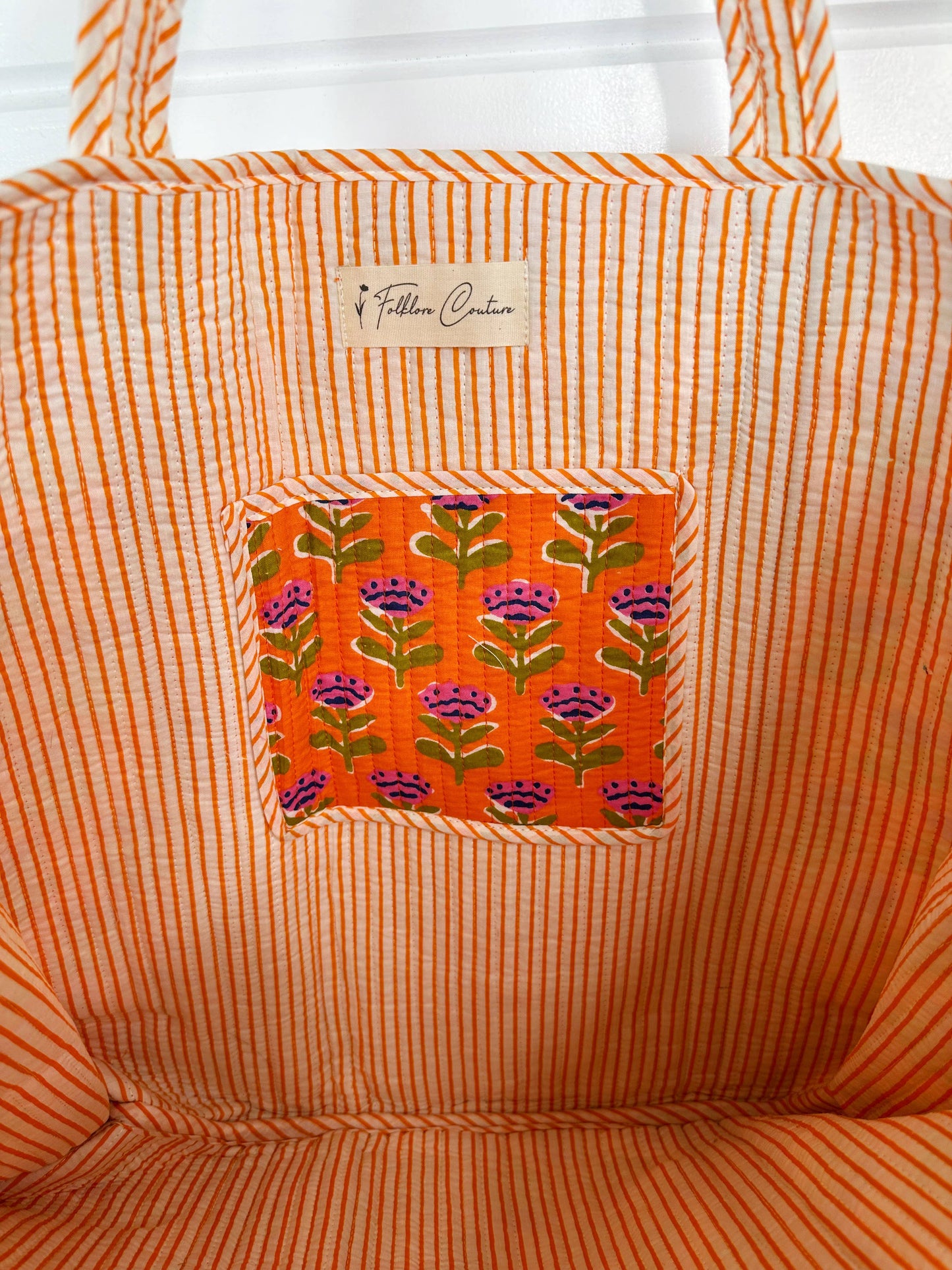 Quilted Tote Bag | Orange Floral Bag | Large Shopping Tote