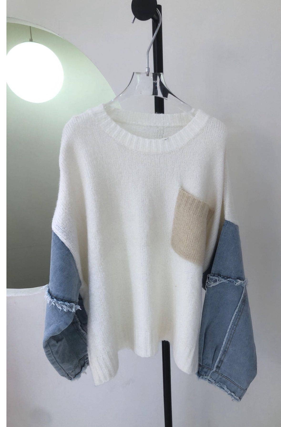 Denim sleeve knit sweater in 3 Colors
