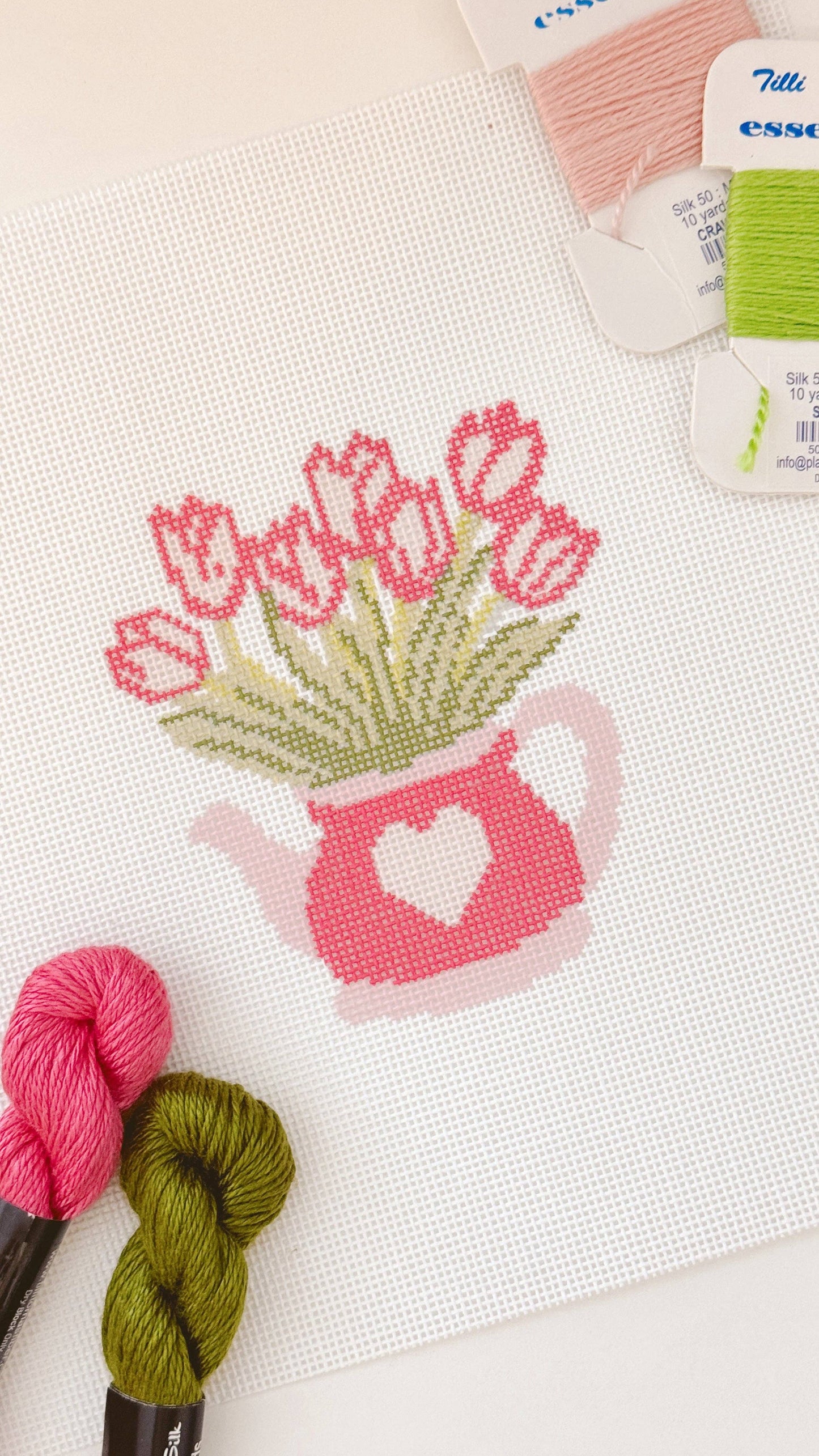 Heart Flower Teapot Needlepoint Canvas, 3”x4"