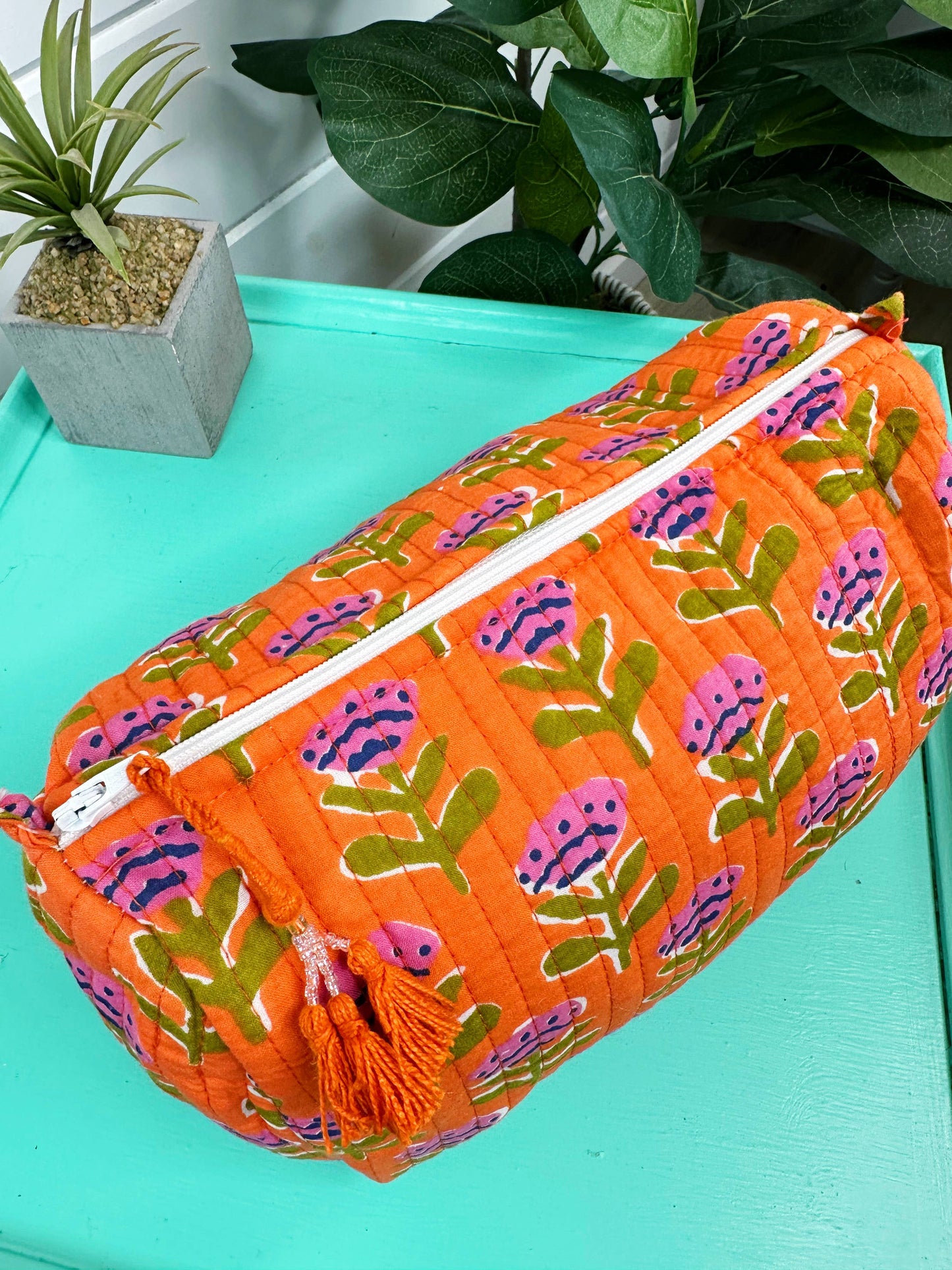 Quilted Makeup Bags | Cosmetic Toiletry Bag | Orange Floral