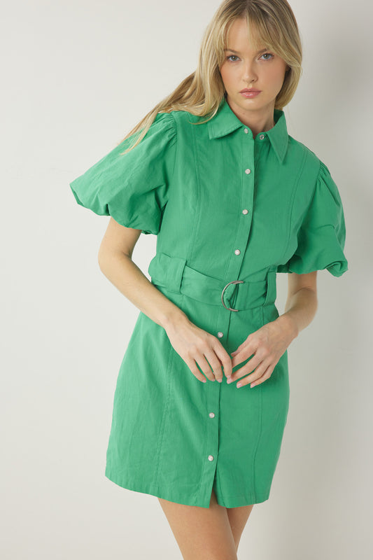 Belted Button Up Green Dress