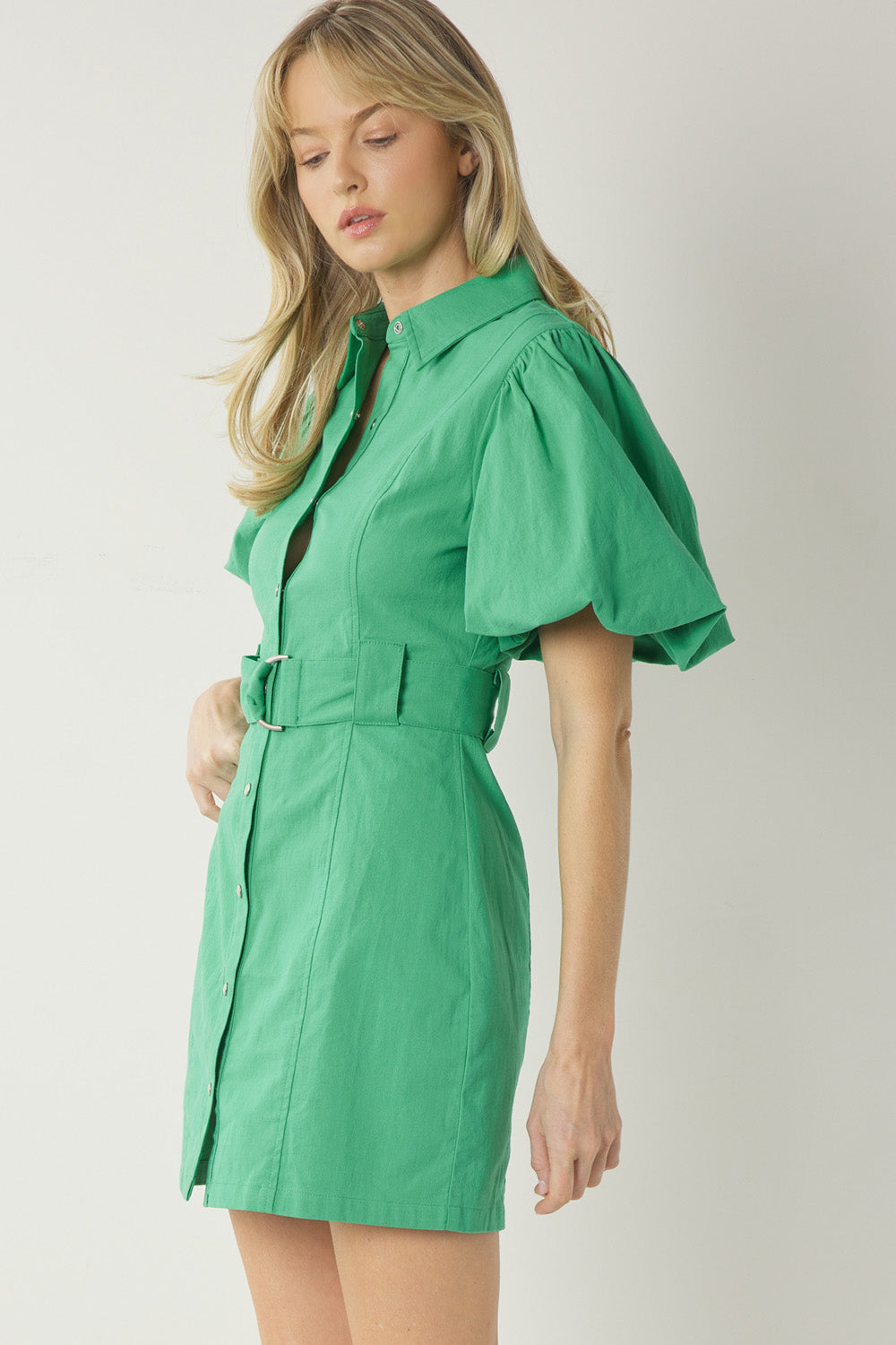 Belted Button Up Green Dress
