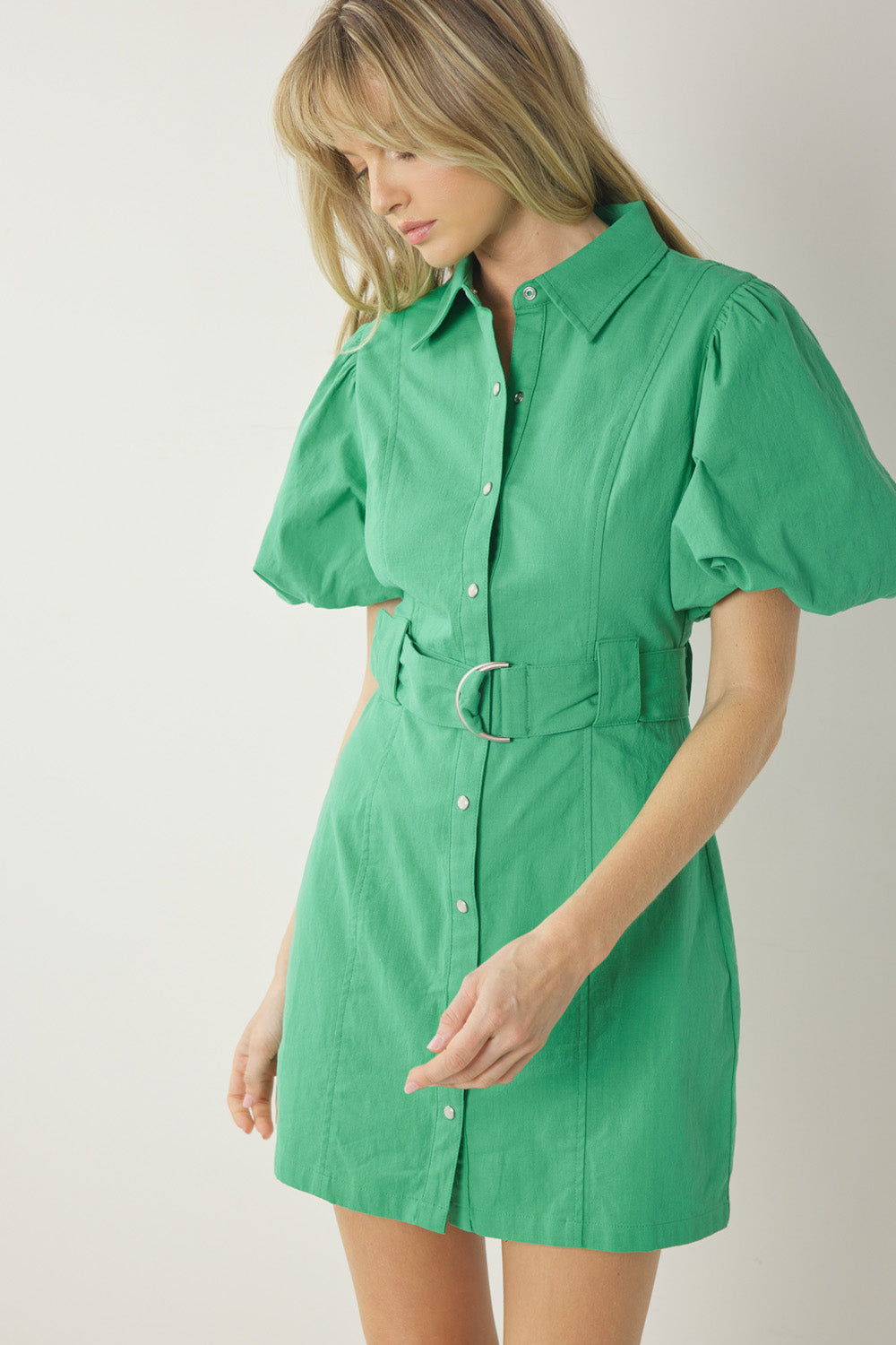 Belted Button Up Green Dress
