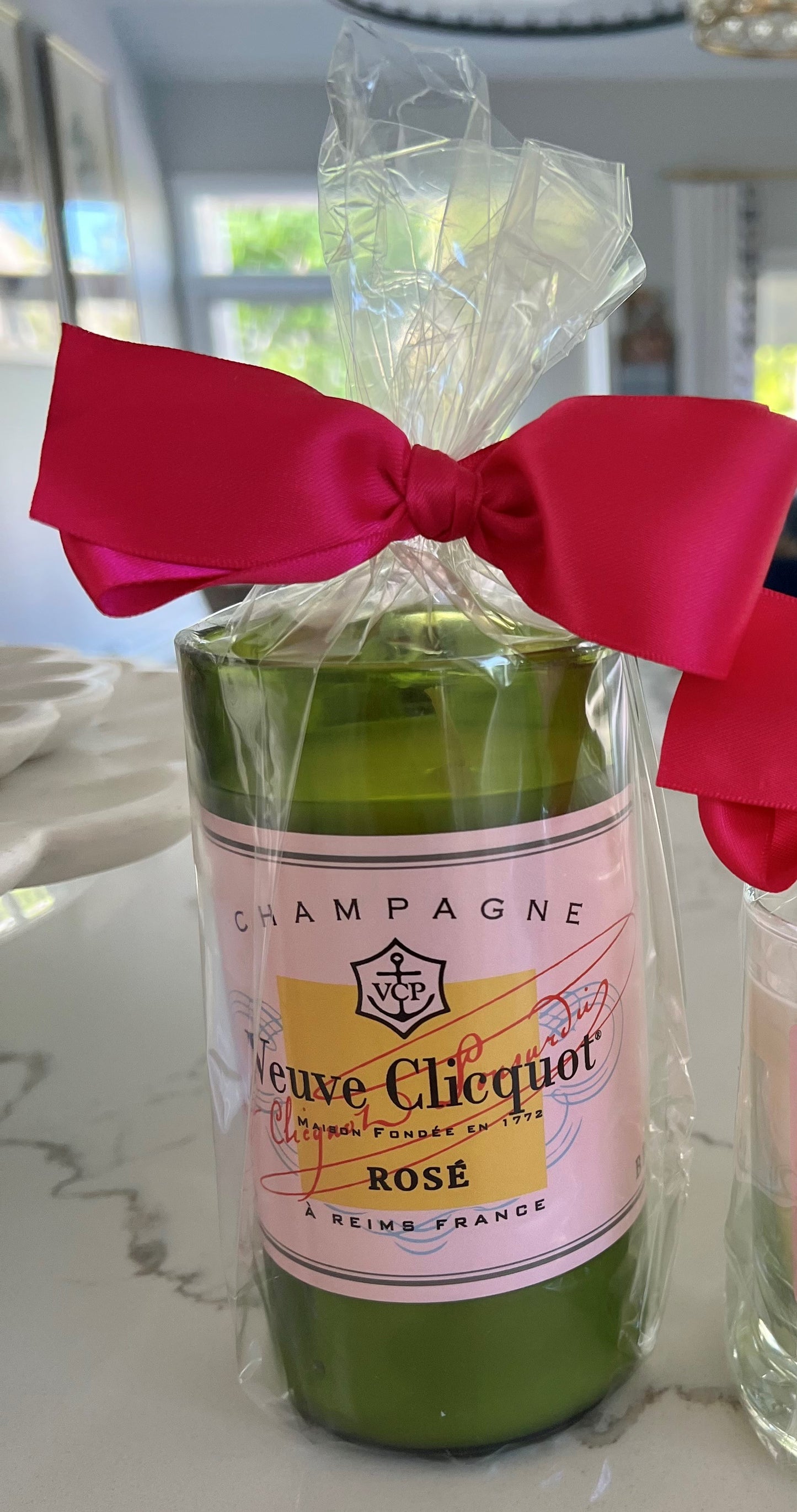 Large Pink Veuve Green Glass Candle