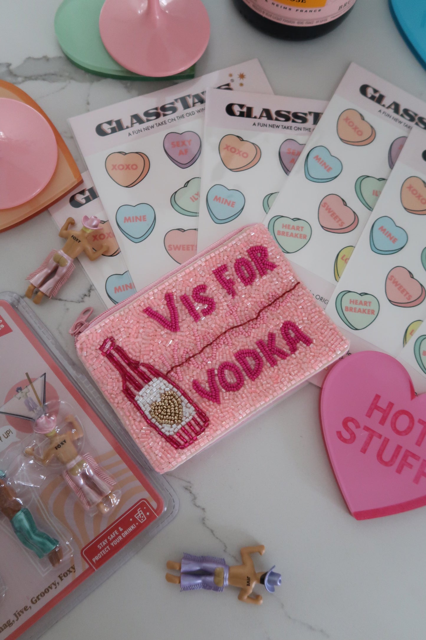 V is for Valentine Beaded Coin Purse / Pouch Pink