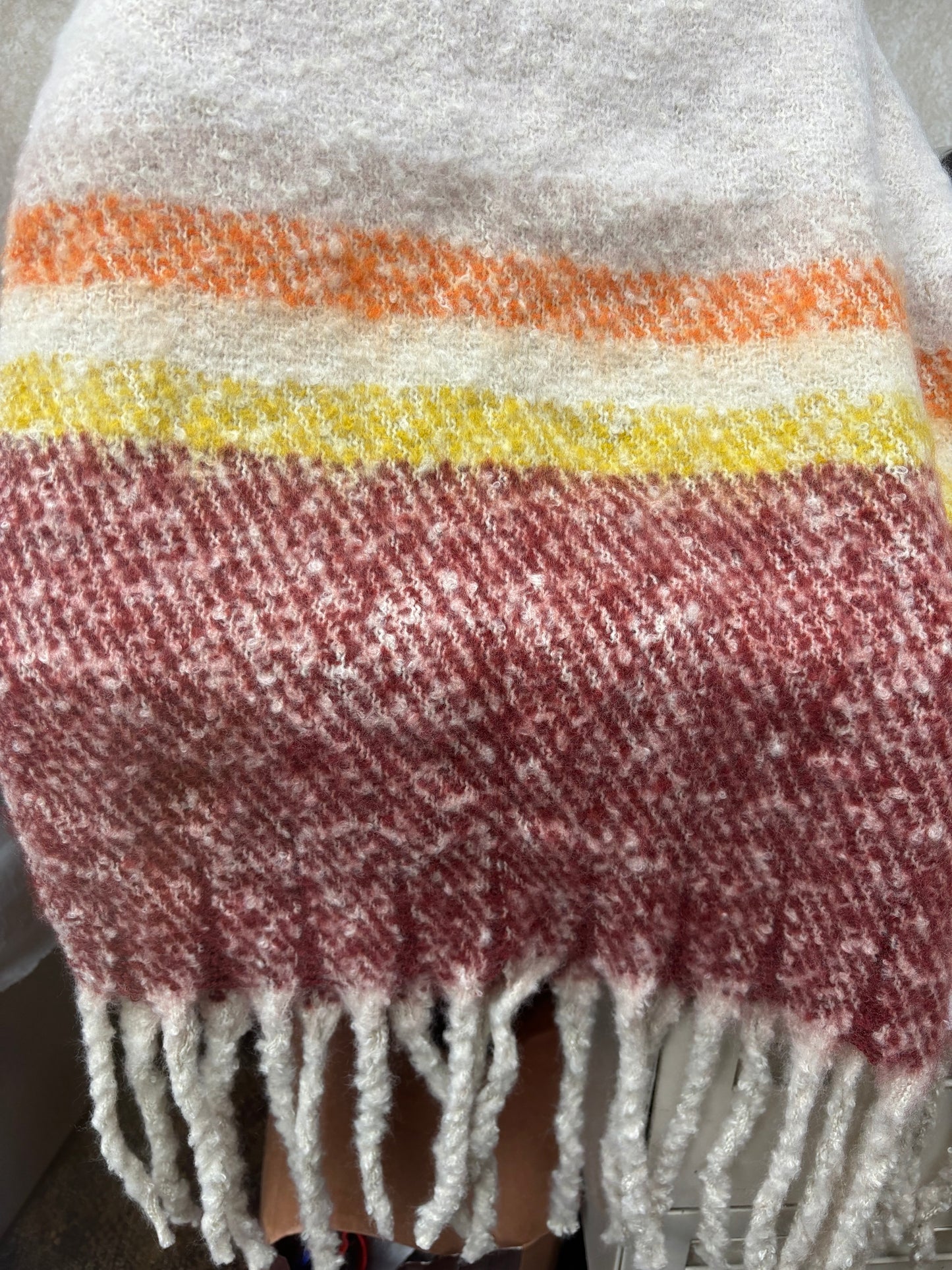 Wrapped up Burgundy, Mustard and Orange Scarf