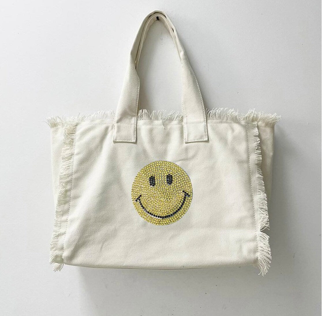 Reagan Sailcloth Totes in Cream with Rhinestone Smile