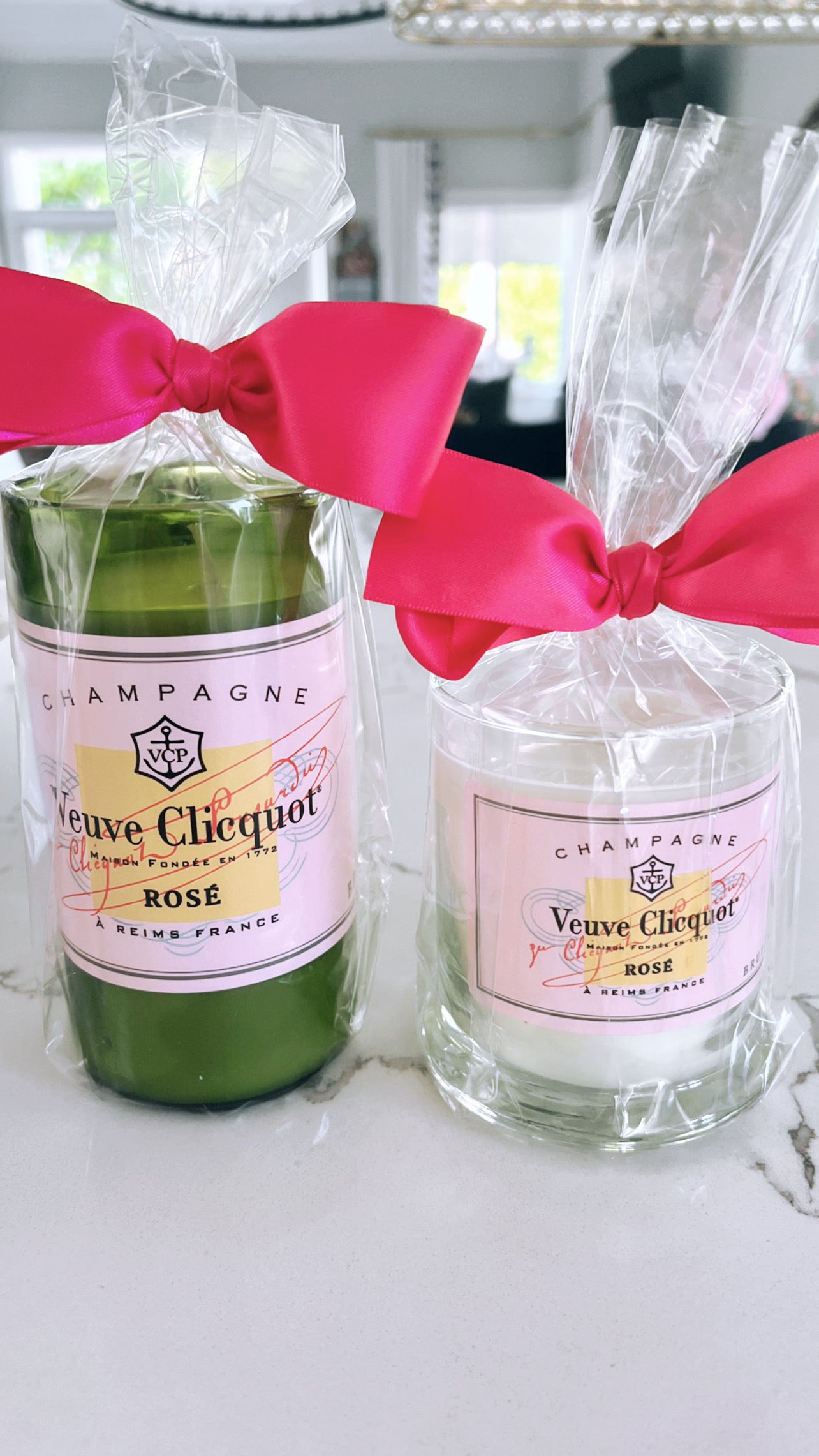 Large Pink Veuve Green Glass Candle