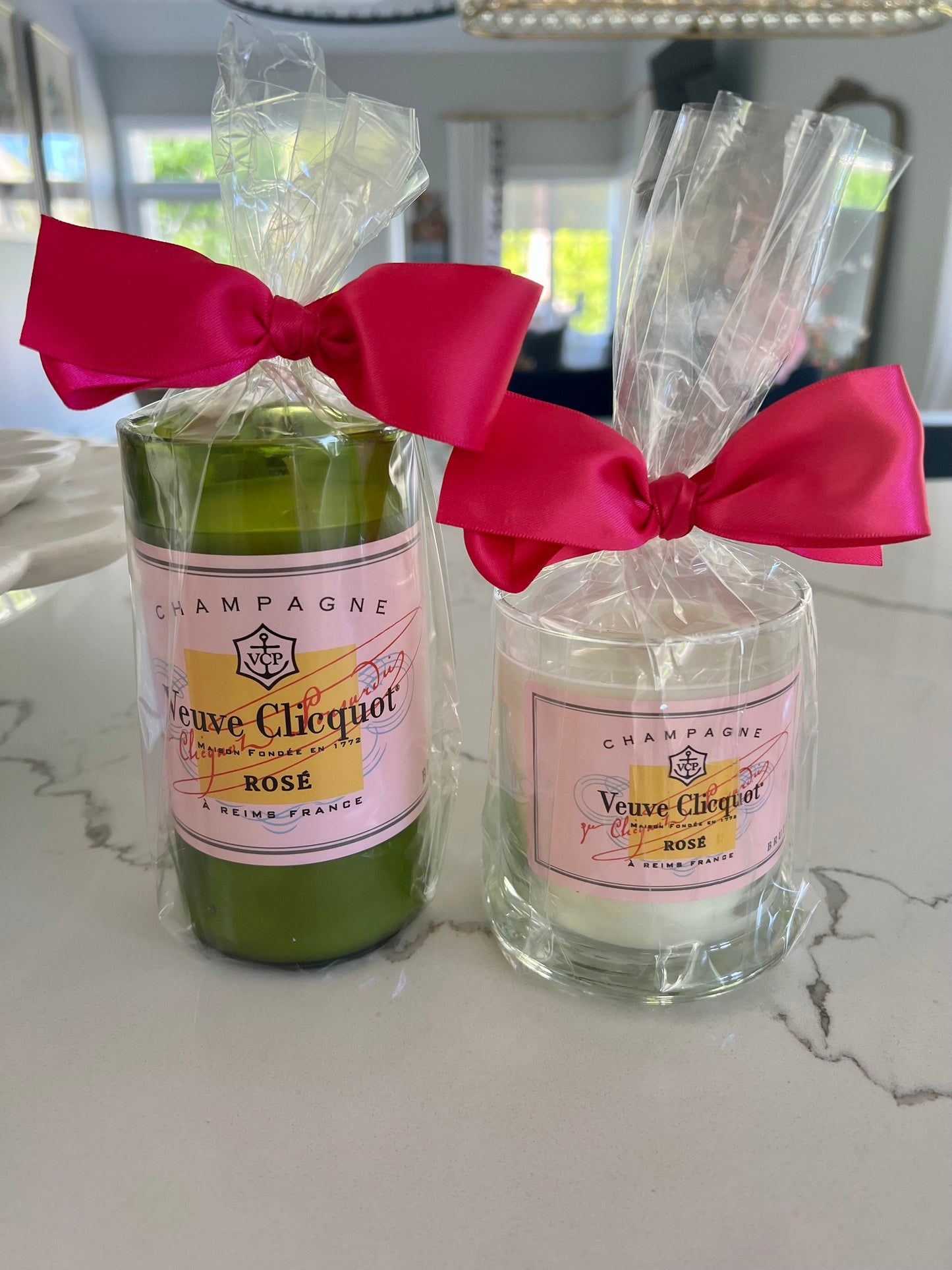 Large Pink Veuve Green Glass Candle
