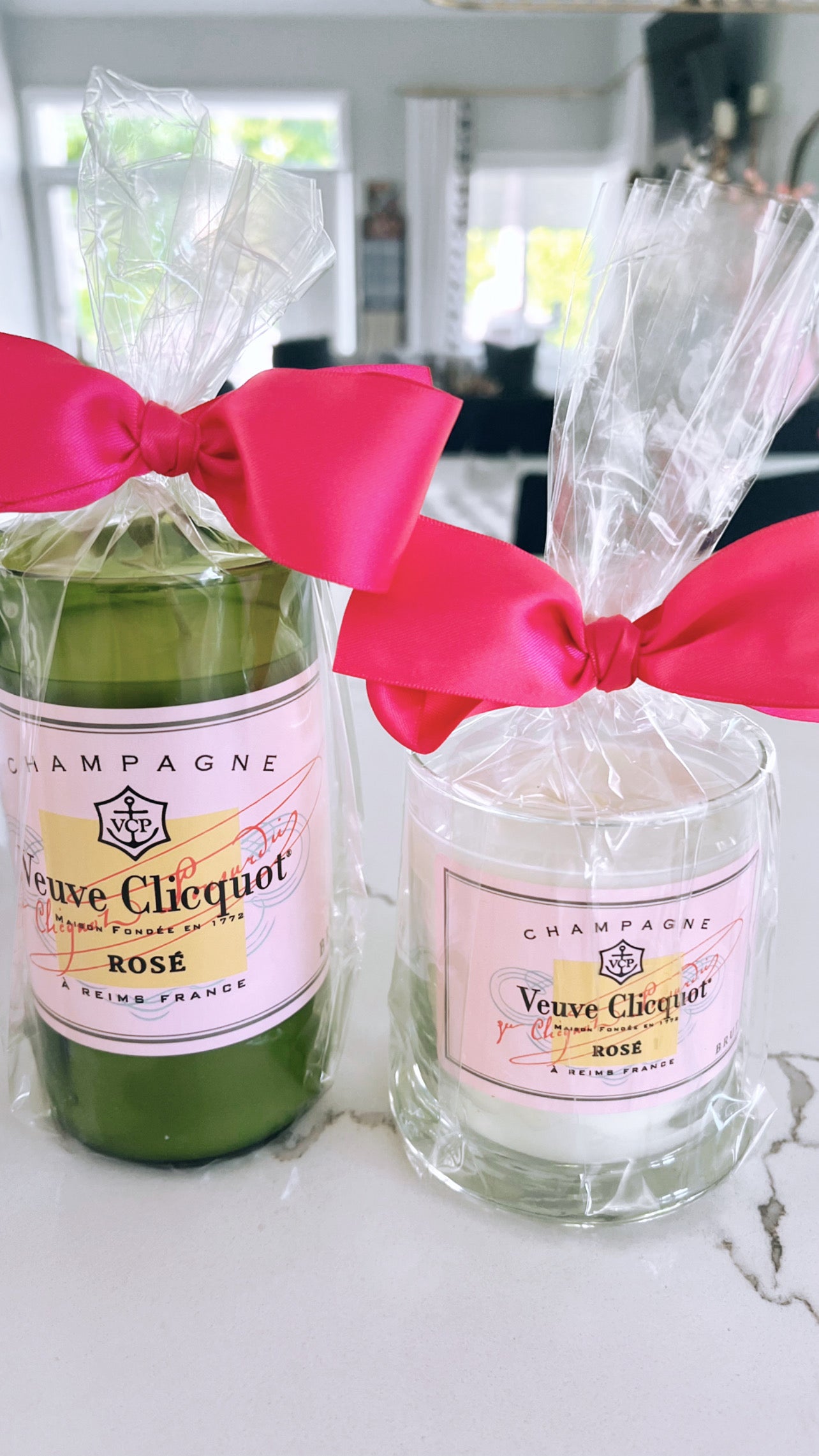 Large Pink Veuve Green Glass Candle