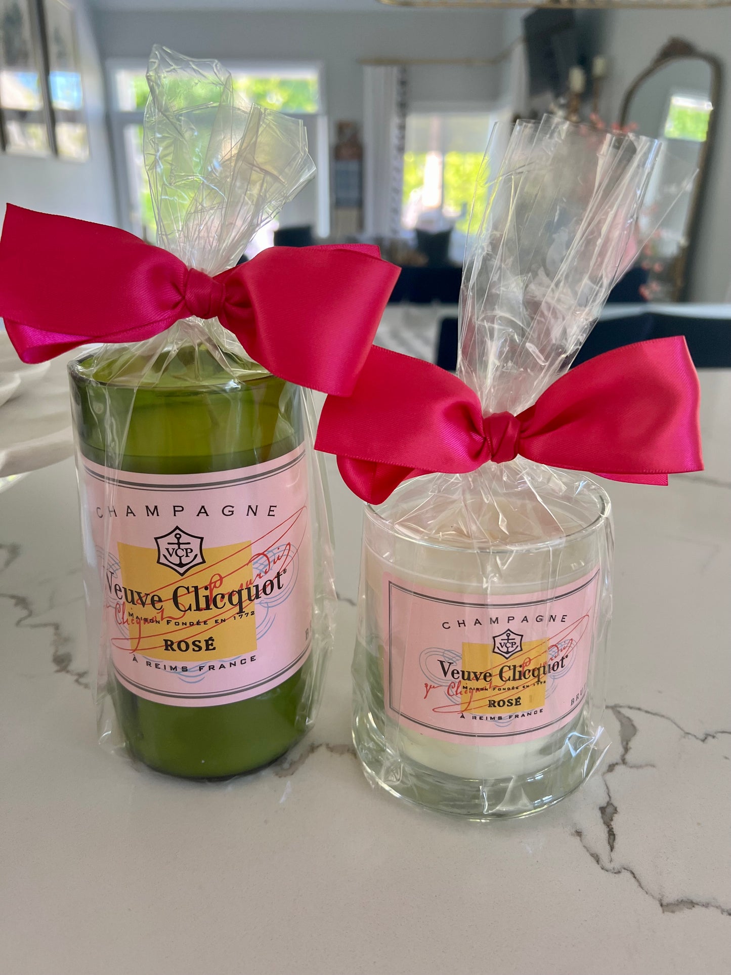 Large Pink Veuve Green Glass Candle