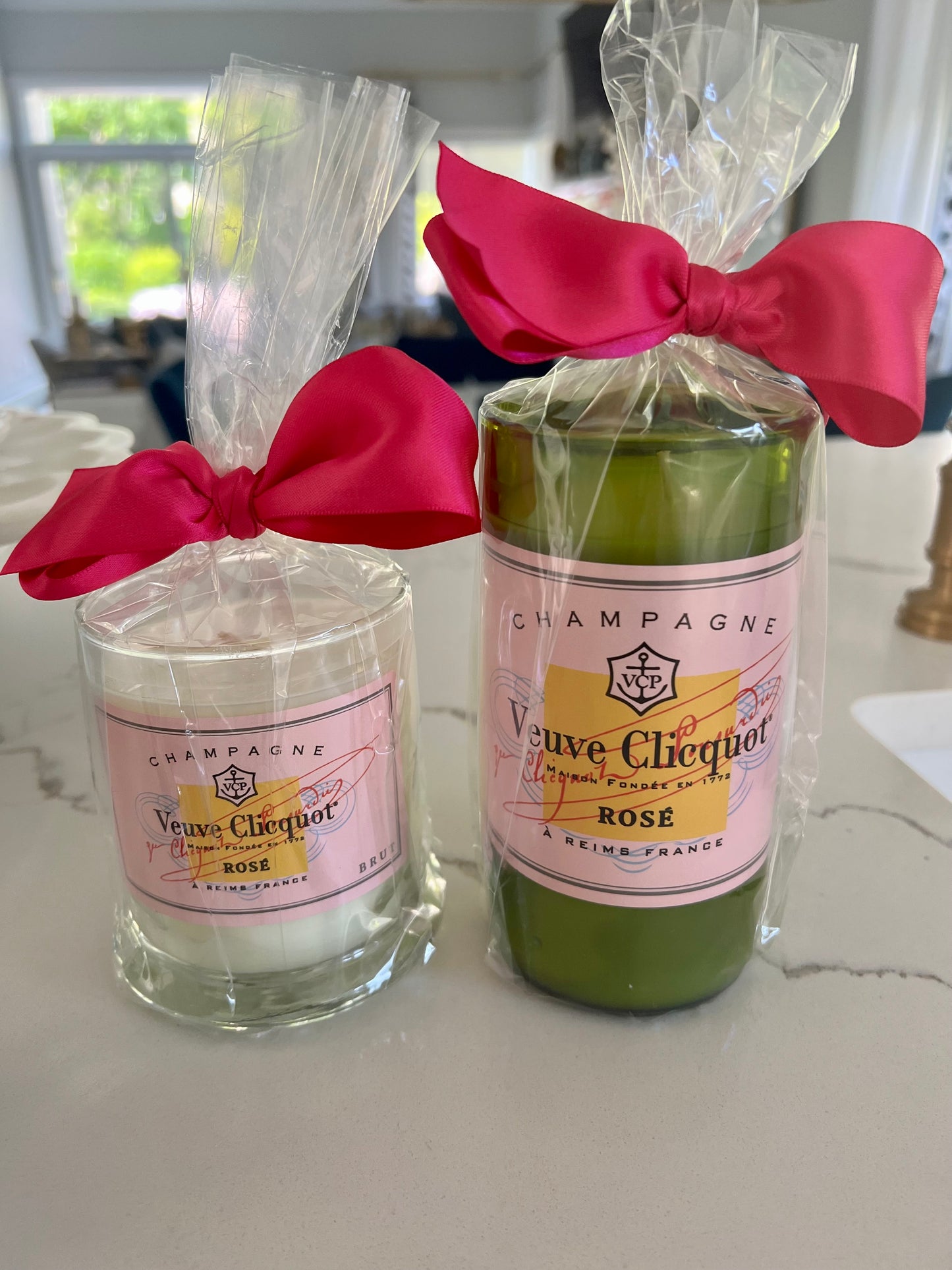Large Pink Veuve Green Glass Candle