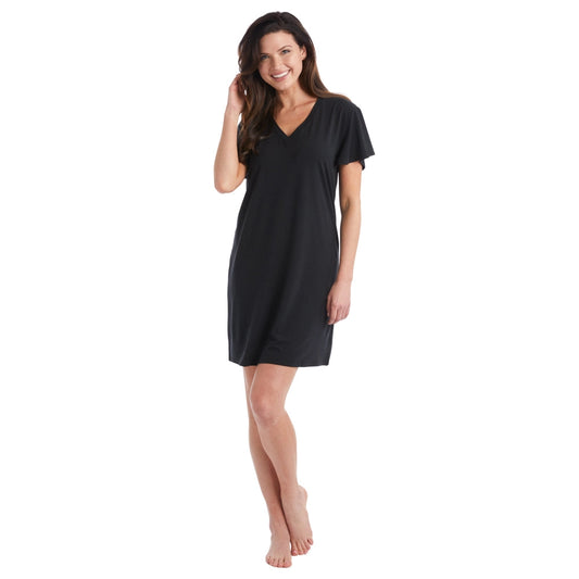 Brie - 36" Flutter Cap Sleeve Black Sleep Shirt Pajamas