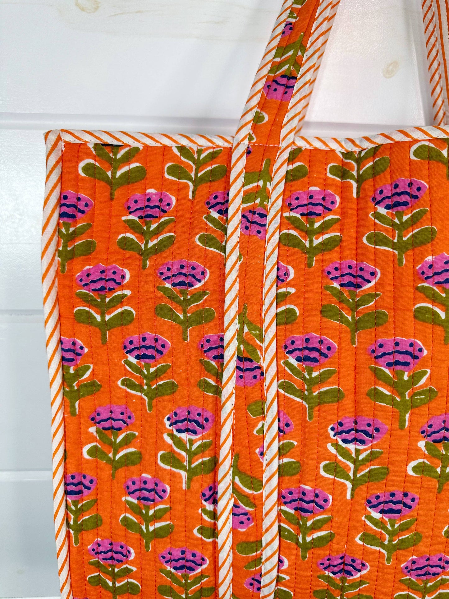 Quilted Tote Bag | Orange Floral Bag | Large Shopping Tote