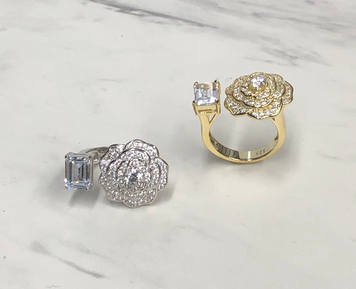 CZ Gold Flower and Rectangle Stone Ring