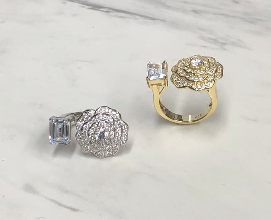 CZ Gold Flower and Rectangle Stone Ring