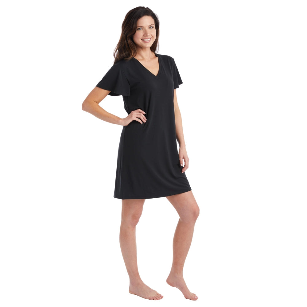 Brie - 36" Flutter Cap Sleeve Black Sleep Shirt Pajamas