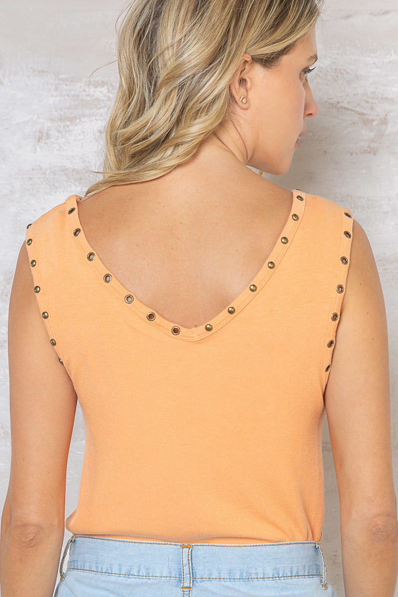 Studded V-Neck Tank Top in Cantaloupe
