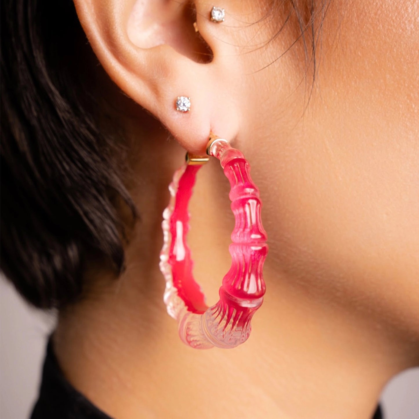 2" Illusion Bamboo Hoop Earrings in Pink Peacock