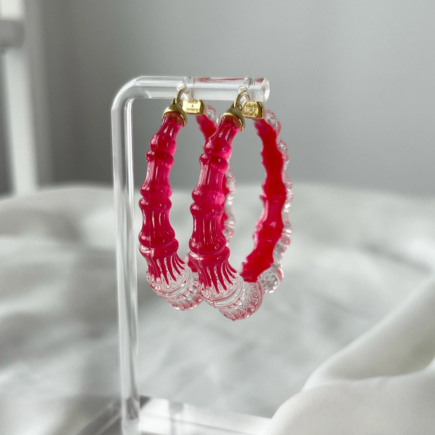 2" Illusion Bamboo Hoop Earrings in Pink Peacock