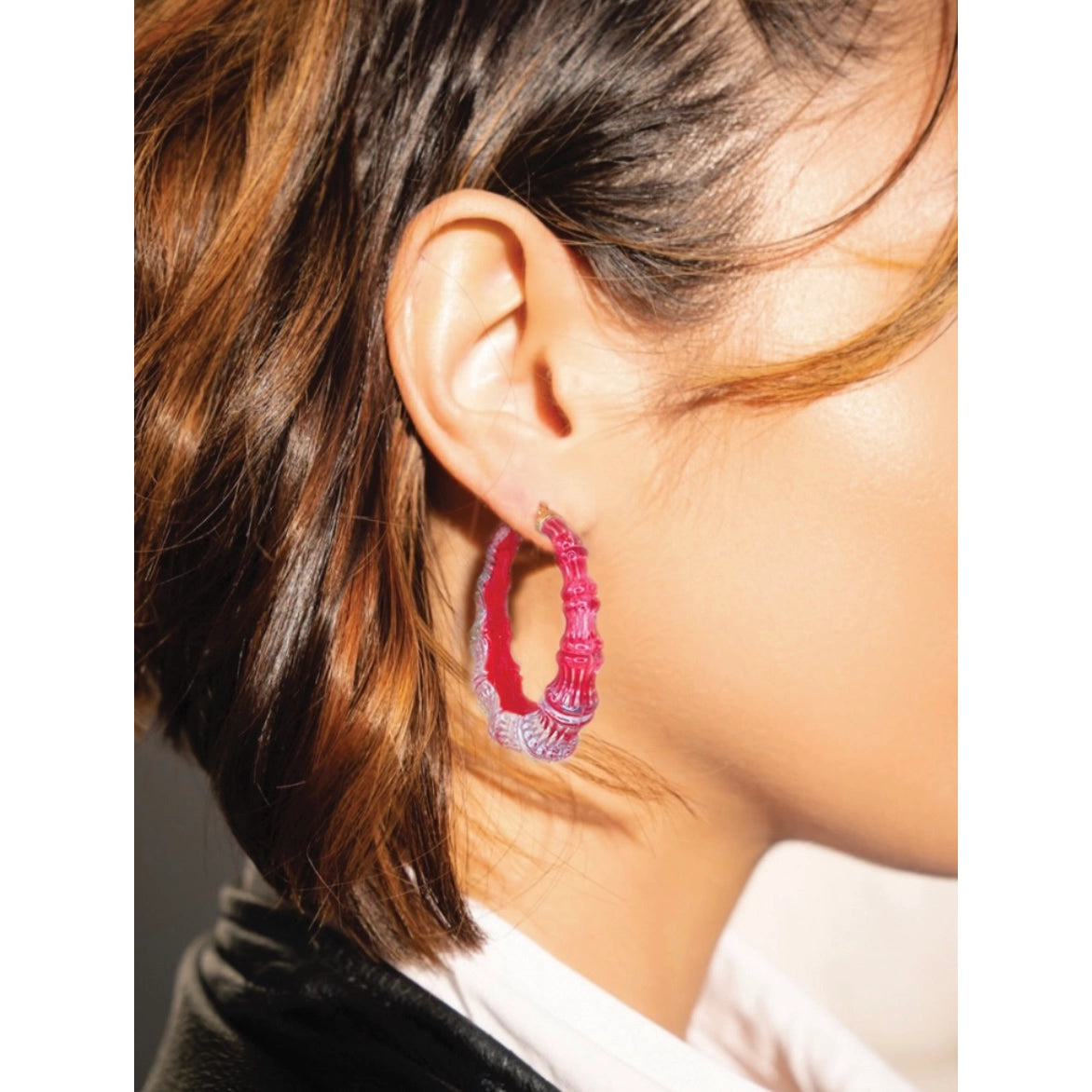2" Illusion Bamboo Hoop Earrings in Pink Peacock