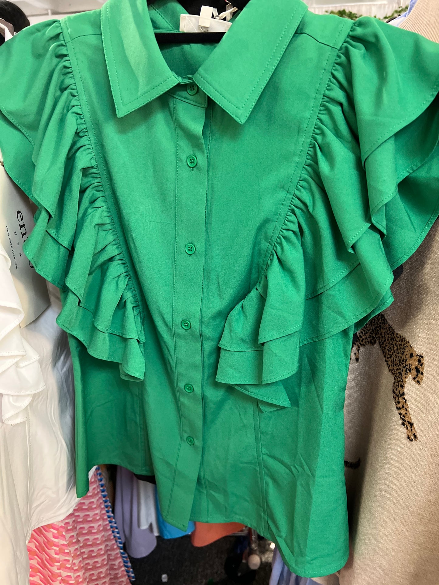 Collared button up top with ruffle in 3 colors