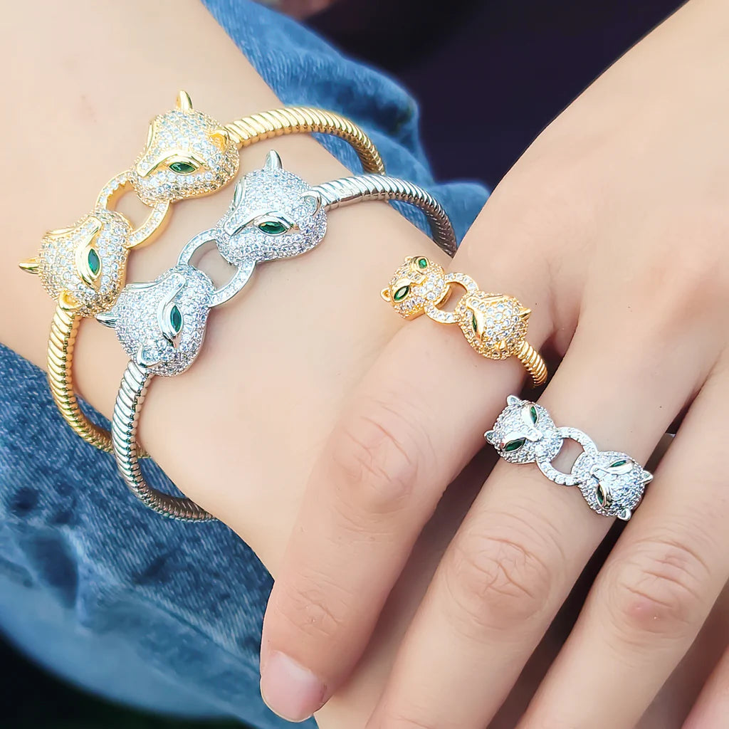 CZ Big Cat Cuff Bracelet & Ring Set in Gold or Silver