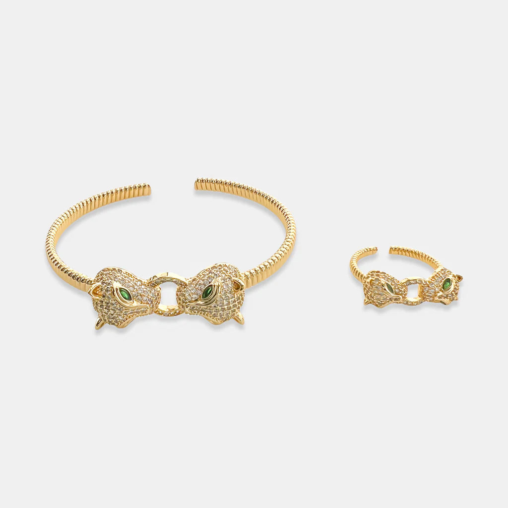 CZ Big Cat Cuff Bracelet & Ring Set in Gold or Silver