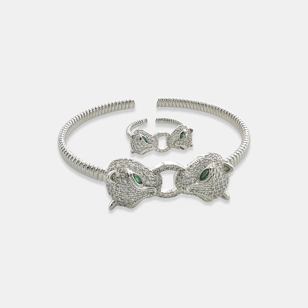 CZ Big Cat Cuff Bracelet & Ring Set in Gold or Silver