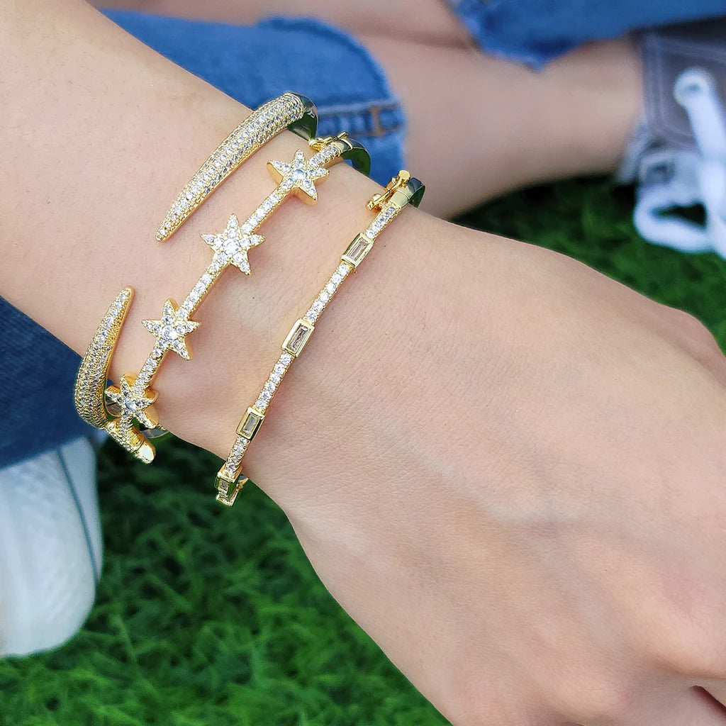 Cubic Zirconia Star Bangle Bracelet in Gold or Silver