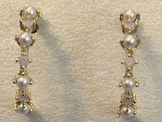Aubrey petite hoop earrings in antique hand set pastel Ice CZ and pearl, Gold finish