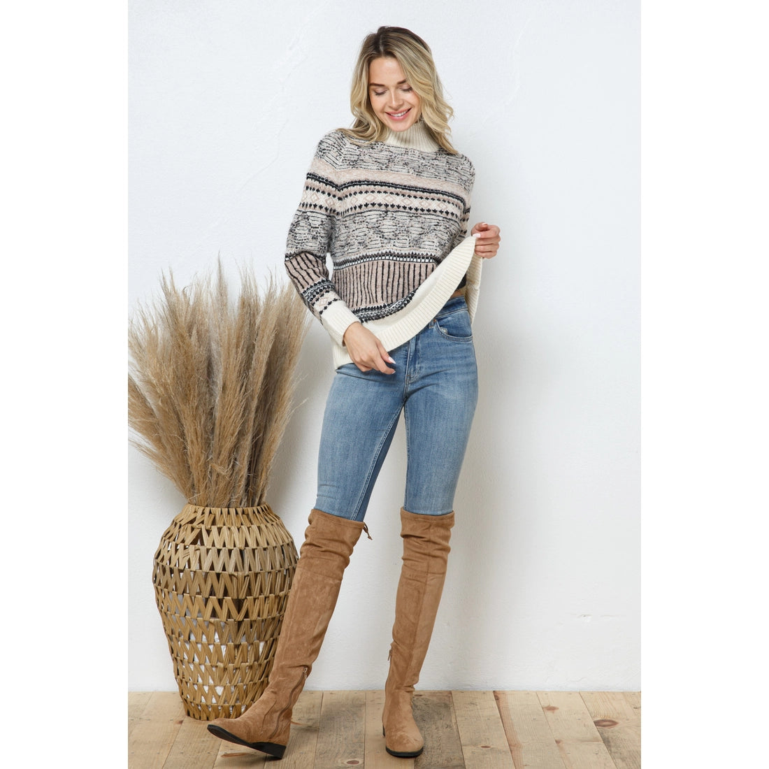 Aztec Pattern Multi Stripe Mock Neck Pullover Sweater