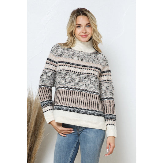 Aztec Pattern Multi Stripe Mock Neck Pullover Sweater