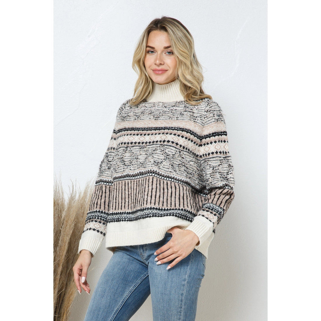 Aztec Pattern Multi Stripe Mock Neck Pullover Sweater