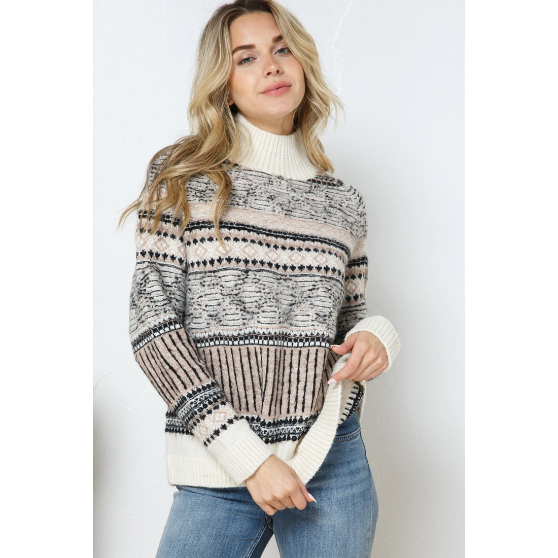 Aztec Pattern Multi Stripe Mock Neck Pullover Sweater