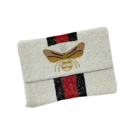 Beaded Bee Crossbody/Clutch In Snow White with Red Stripe