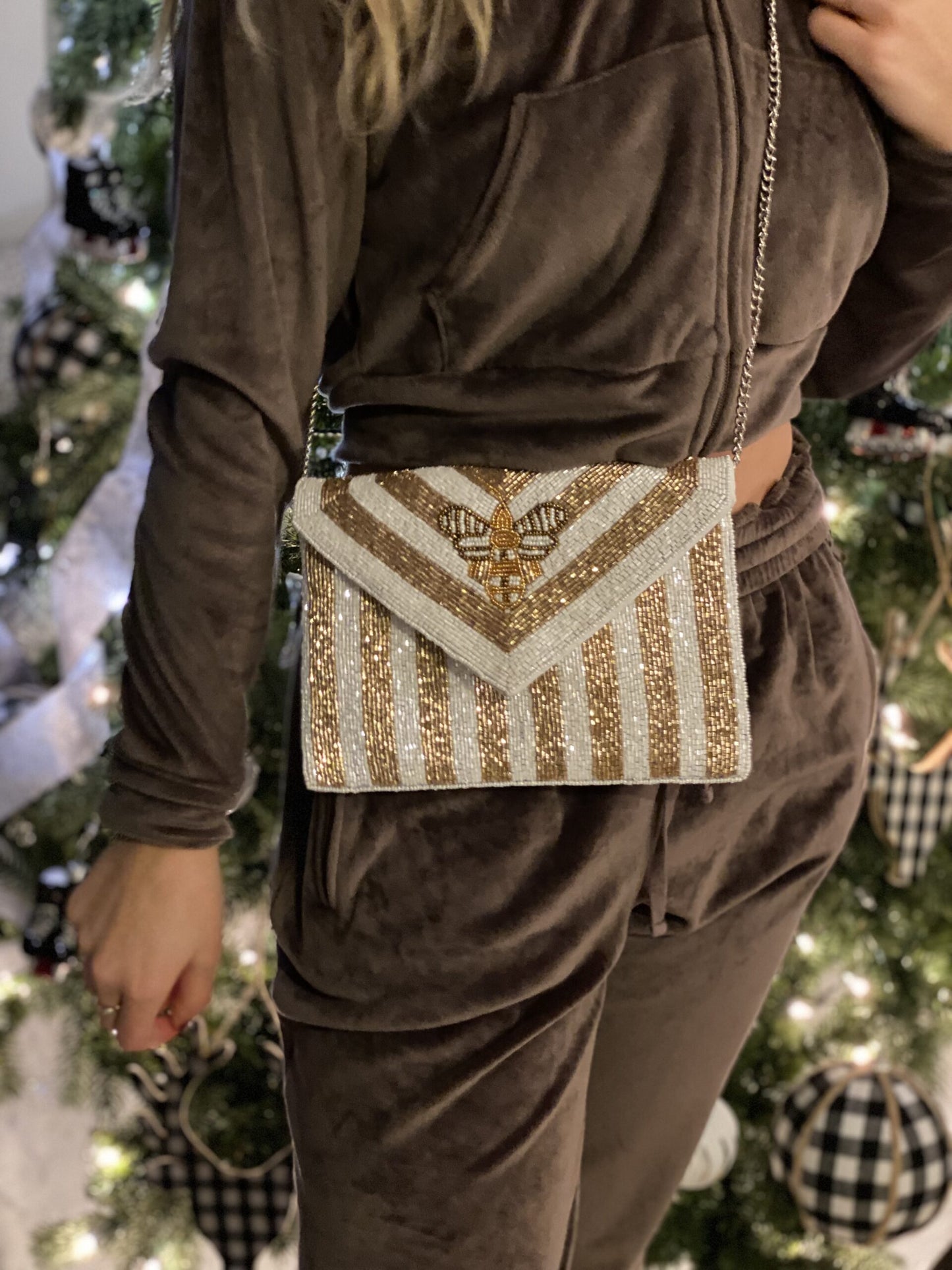Beaded Bee Crossbody/Clutch In White with Gold Stripe
