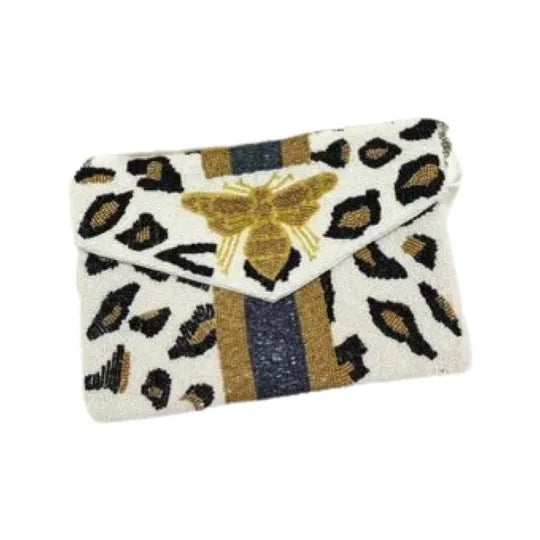 Beaded Bee Crossbody/Clutch Winter White Leopard Bee with Blue Stripe