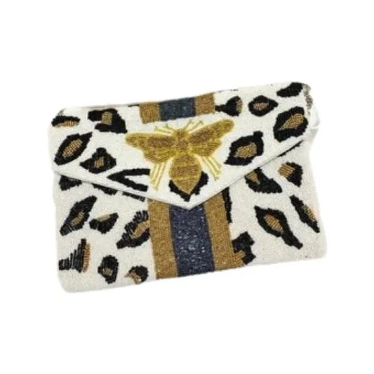 Beaded Bee Crossbody/Clutch Winter White Leopard Bee with Blue Stripe