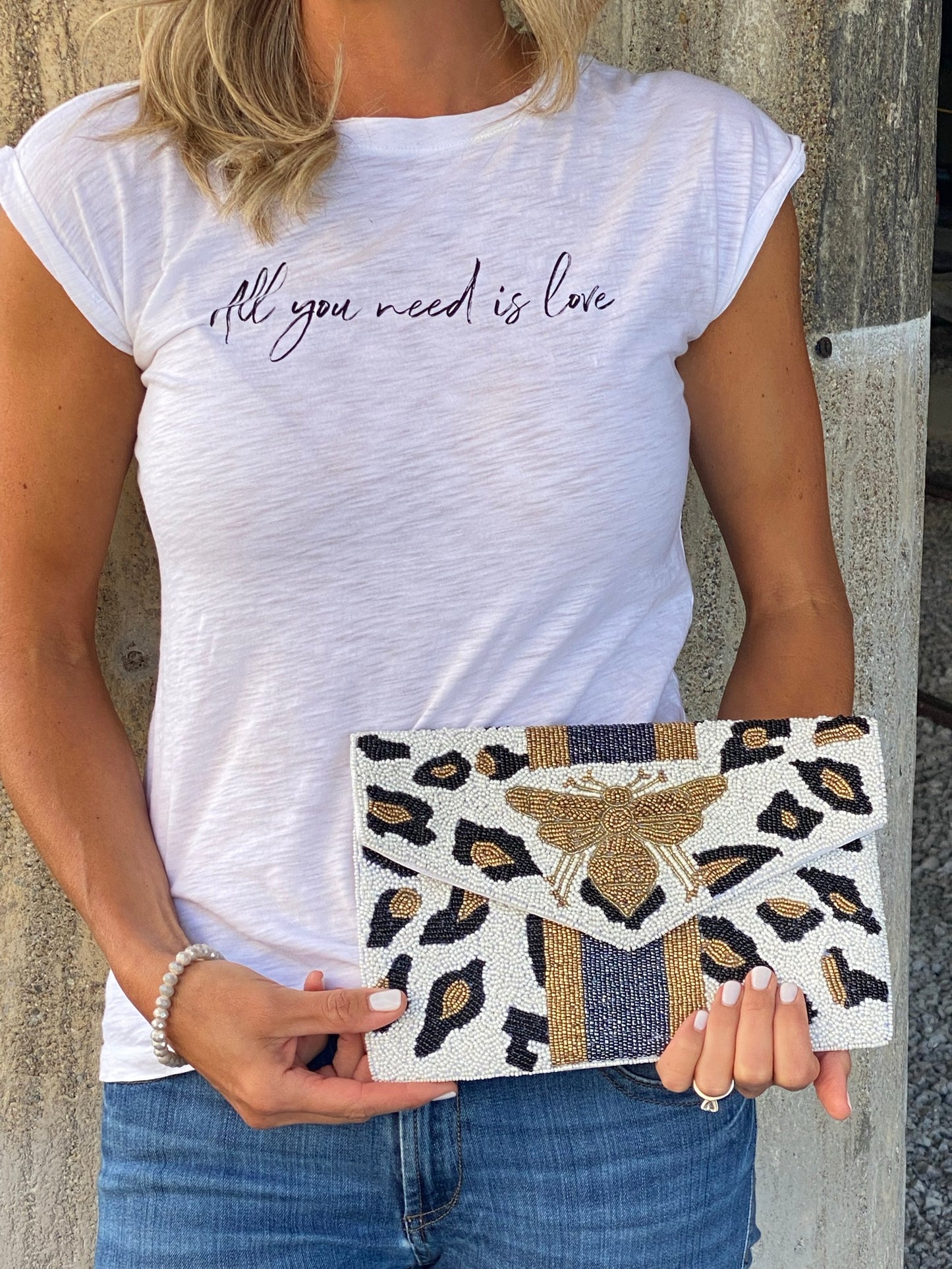 Beaded Bee Crossbody/Clutch Winter White Leopard Bee with Blue Stripe