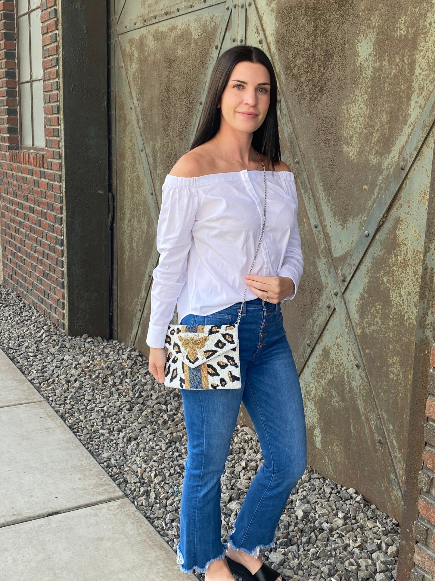 Beaded Bee Crossbody/Clutch Winter White Leopard Bee with Blue Stripe