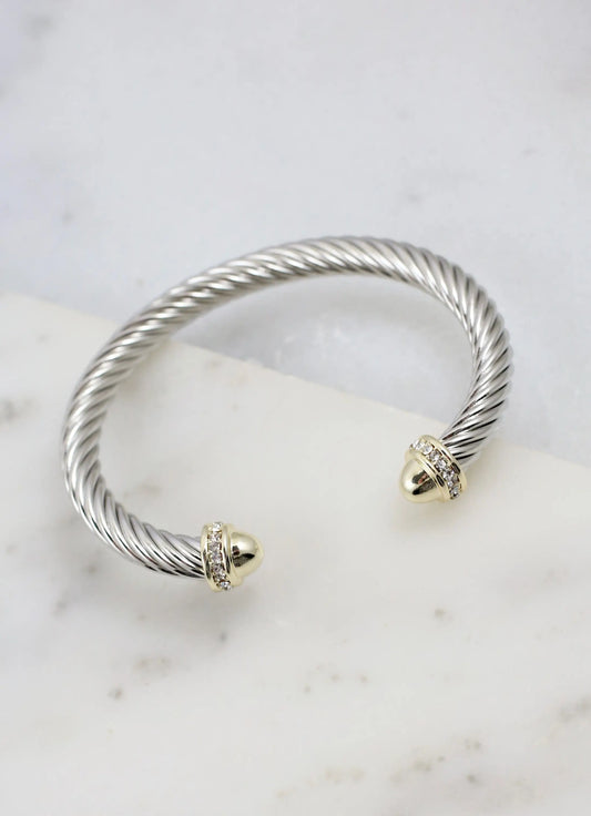 Becks CZ Accent Two Tone Cable Bracelet Silver