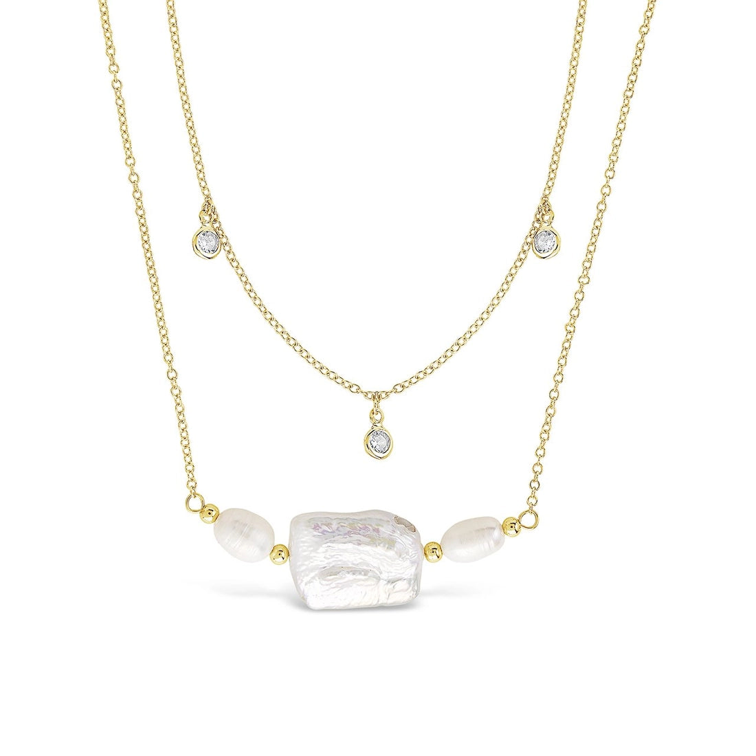Bezel CZ and Pearl Layered Necklace