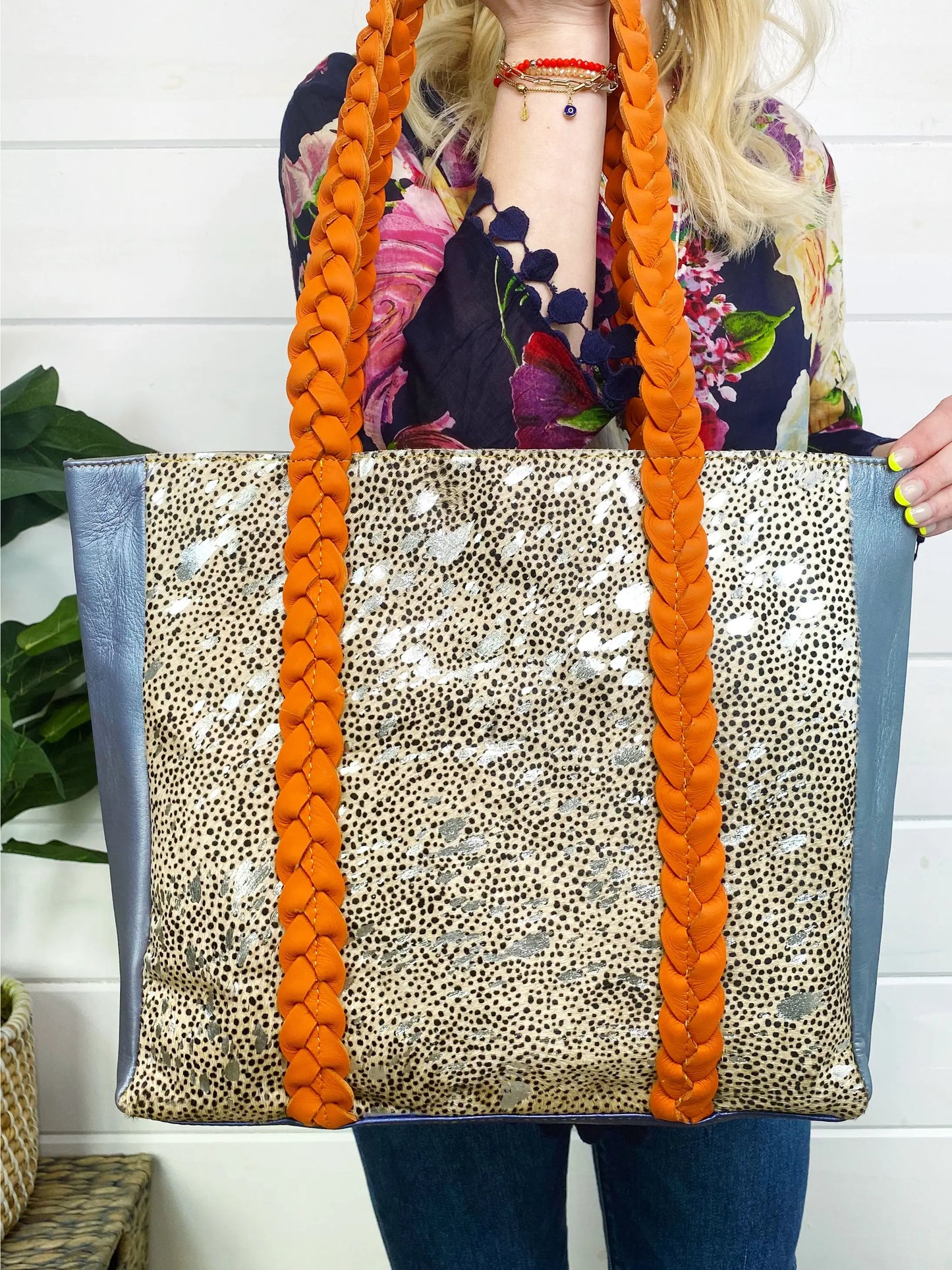 Joli Leather Hair on Hide Braided Handle Tote Bag Purse