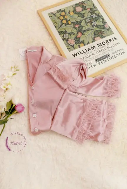 Pink Detachable feather trim satin pajama