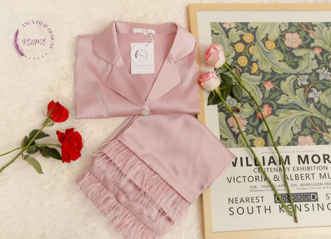 Pink Detachable feather trim satin pajama